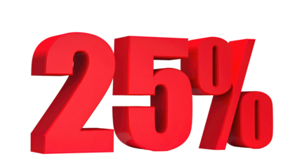 Red 3D rendering of "25%" isolated on a black background, displaying a percentage figure in a blocky, modern style