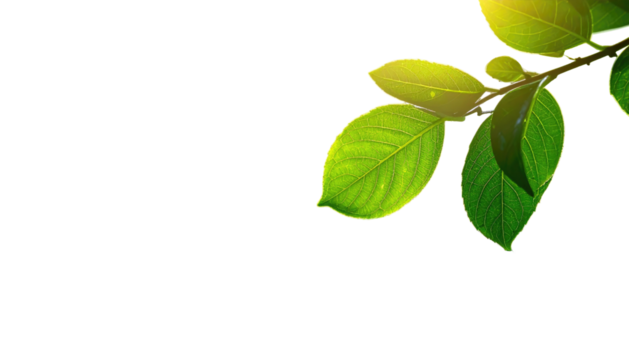 Sunlit leaves on a branch, isolated on black. Vivid green tones, with a glowing halo effect from the light