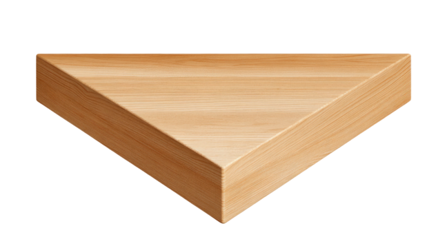 3D render of a light-colored, triangular wooden block, isolated on a black background, exhibiting a smooth, simple texture