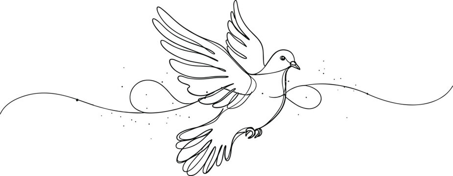 Flying dove line art cartoon illustration, symbolic peace and expressive spiritual motion artwork for lifestyle, design, and inspiration