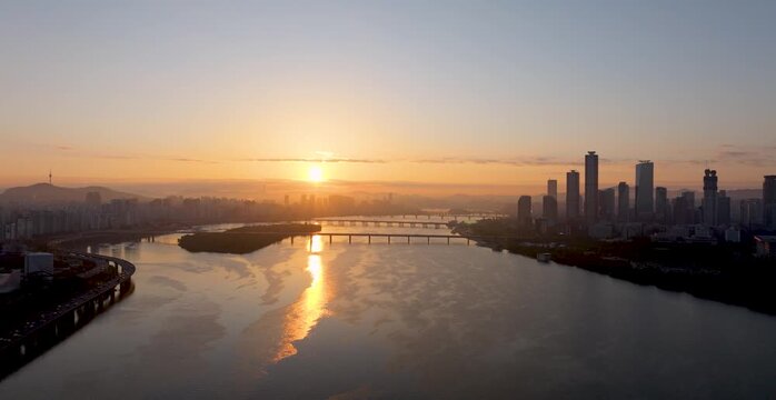 An aerial view of Seoul's Hangang River, Yeouido, and Seonyudo Park in autumn