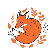 Obraz premium Sleeping Fox Surrounded Leaves Floral Line Drawing