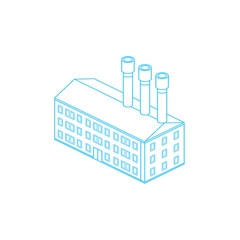 Naklejka premium Industrial building with three smokestacks depicted in a simple blue line art on a transparent background representing manufacturing and production facilities