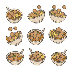 Bakso Indonesian Food Meat Ball Doodle Cartoon Illustration