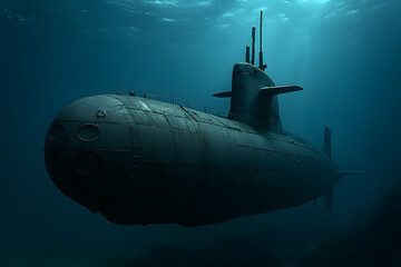 Realistic military submarine underwater in deep ocean &ndash; futuristic naval technology concept