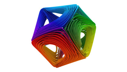 Rainbow geometric form made of many layers of thin shapes, creating a 3D depth perception on a black backdrop