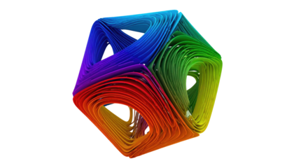 Rainbow geometric form made of many layers of thin shapes, creating a 3D depth perception on a black backdrop