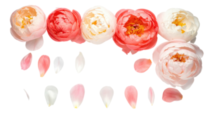 Overhead view Six colorful peony blossoms surrounded by scattered petals on a stark black background