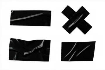 Black adhesive insulation duct tape pieces with crumpled texture effect and torn edges on transparent background