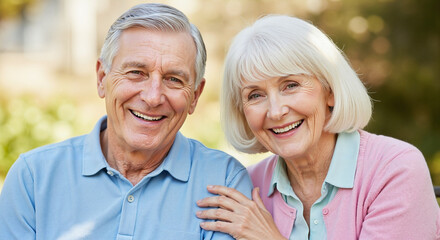 Elderly couple smiling and sitting together outdoors in sunny garden, concept of power saving  