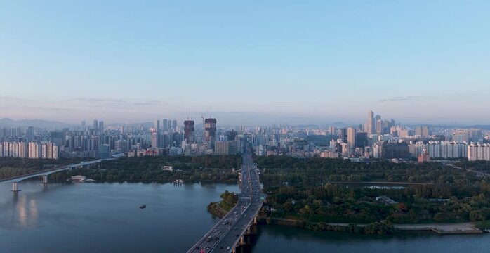 An aerial view of Seoul's Hangang River, Yeouido, and Seonyudo Park in autumn
