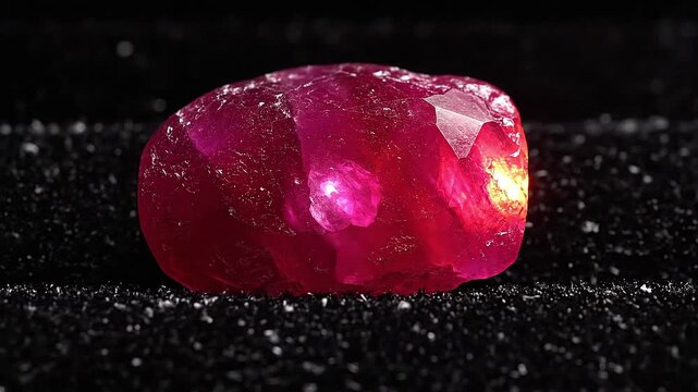 Against a black velvet cloth, a raw, uncut ruby glows with inner fire.