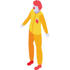 Isolated Clown Character in Bright Yellow and Orange Jumpsuit Red Shoes and White Face Paint with Red Nose Stands Against White Background