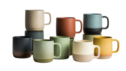 Collection of colorful, textured ceramic mugs stacked and arranged against a dark background. Mugs vary in height