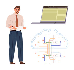 Business person analyzing documents beside a digital interface and cloud network diagram. Ideal for technology, data analysis, teamwork, innovation, cloud computing, digital strategy, efficient