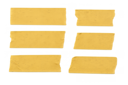 Yellow adhesive tape strips with ripped edges adding realistic textures for design and stationery concepts on transparent background