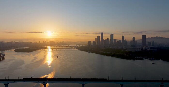 An aerial view of Seoul's Hangang River, Yeouido, and Seonyudo Park in autumn