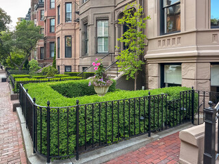 Townhouses and gardens in Boston, Massachusetts in the summer