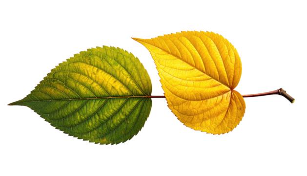 Green and yellow leaf pair connected by a slender branch, isolated against a black background