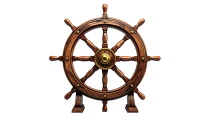Dark wood ship wheel with brass center, multiple spokes against transparent black background