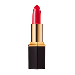 Fototapeta premium Luxury Bright Red Lipstick in Black and Gold Casing Isolated on White