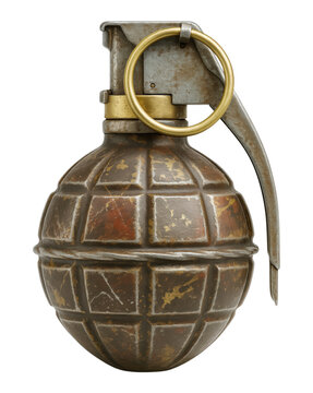 Vintage Rusty Pineapple Fragmentation Hand Grenade with Safety Pin and Lever in Realistic 3D Render, Isolated on Transparent and White Background