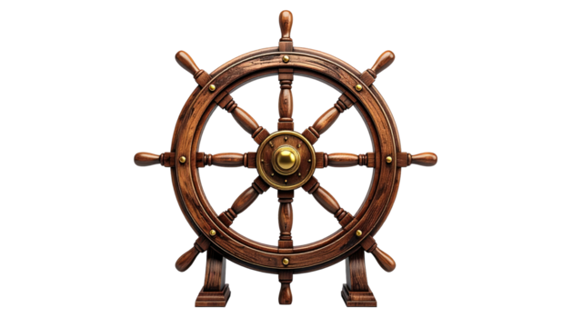Dark wood ship wheel with brass center, multiple spokes against transparent black background