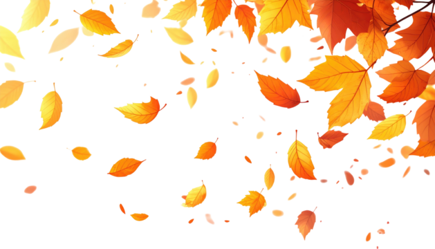 Autumn leaves with warm hues on a black background, some falling gracefully - Powered by Adobe
