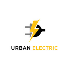 A logo design depicts a black and grey plug with a yellow lightning bolt, and text below