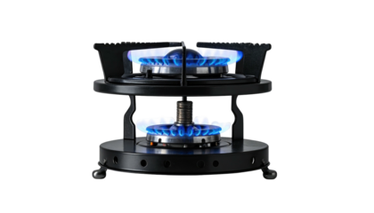 A compact, two-tiered, black gas stove emits blue flames against a stark black background. Frontal shot, clear lighting