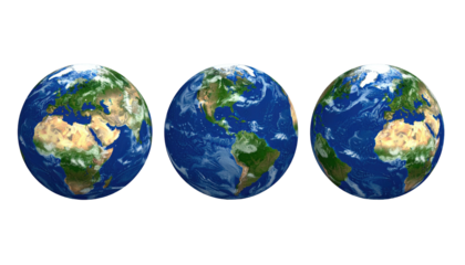 Three earth globes show continents & oceans against a black background, revealing different perspectives
