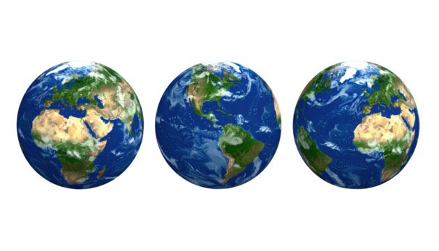 Three earth globes show continents & oceans against a black background, revealing different perspectives