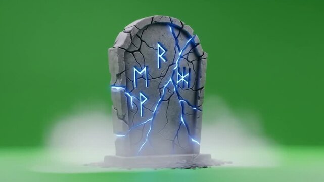 Ancient Tombstone with Glowing Runes and Misty Halloween Atmosphere