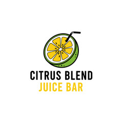 A juice bar logo with a green citrus slice and a straw, with "CITRUS BLEND" and "JUICE BAR" text below