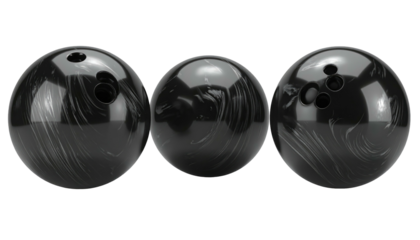 Three black bowling balls show finger holes & swirling patterns. Background is transparent. Studio shot