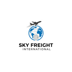 Fototapeta premium A logo featuring a globe, an airplane, and a cube. The text says 