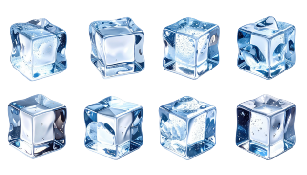 Collection of eight glistening ice cubes on a black background, showcasing varied shapes, textures, and internal bubbles
