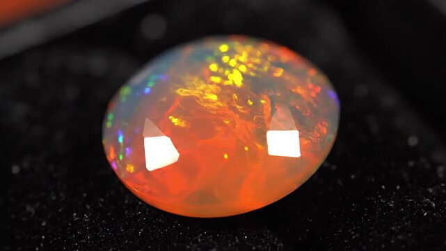 At the center of the frame, a fiery opal flashes with a rainbow of colors.