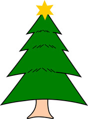 A simple cartoon illustration of a green Christmas tree with a yellow star on top, isolated on a white background.