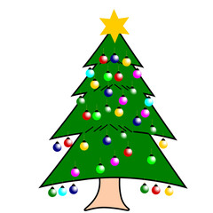 A festive cartoon illustration of a green Christmas tree decorated with colorful baubles and a bright yellow star on top.