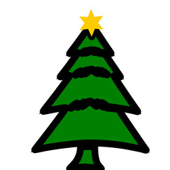 A simple cartoon illustration of a green Christmas tree with a yellow star on top, isolated on white.
