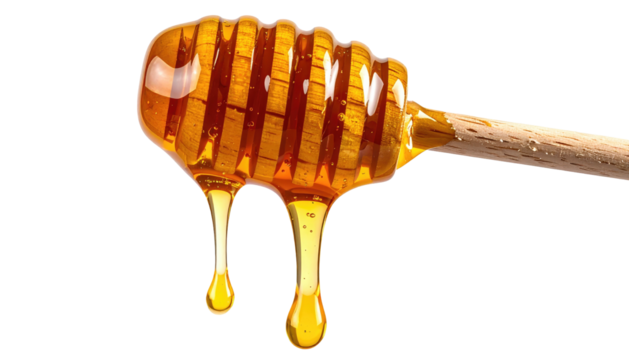 Honey drips from a wooden honey dipper against a black background. Golden, viscous, and sweet