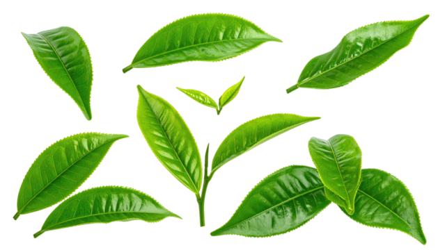 Several bright green leaves isolated against a stark black backdrop, featuring varying shapes and positions