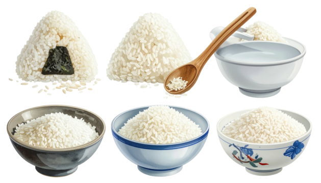 Illustration variety of rice; onigiri, bowls, spoons. Transparent background for isolated usage