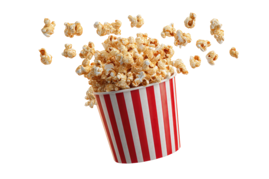 A red and white striped bucket overflowing with golden caramel popcorn floating against a solid black background - Powered by Adobe