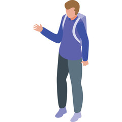 Isometric 3D Illustration of a Person with Backpack Standing and Gesturing with Left Hand Wearing Purple Long Sleeve Shirt and Gray Pants