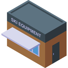 Isometric 3D illustration of a ski equipment store building with a dark gray roof and brown walls featuring a light gray awning and blue window