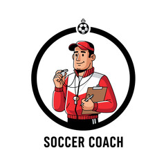 A soccer coach illustration in a red jacket and cap holds a whistle and a clipboard, in a round frame