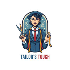 A tailor's logo featuring a woman in a suit, scissors, measuring tape, and sewing-related icons