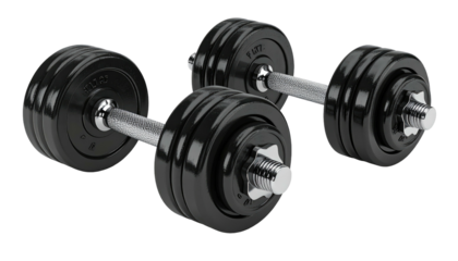 Two black adjustable dumbbells with chrome handles placed on a gray surface, illustrating weight training equipment